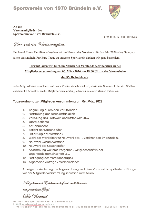 Mitgliederversammlung SV Bründeln 2026